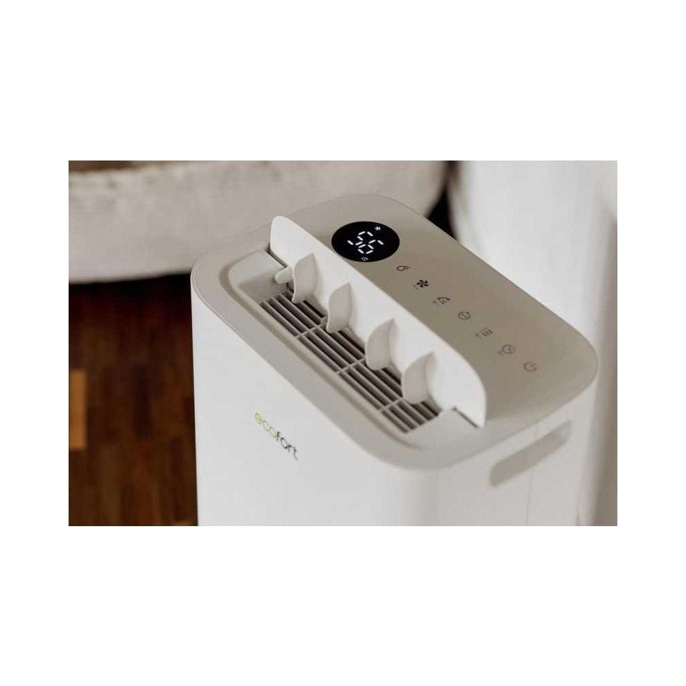 Un deumidificatore bianco con display digitale e prese d'aria.