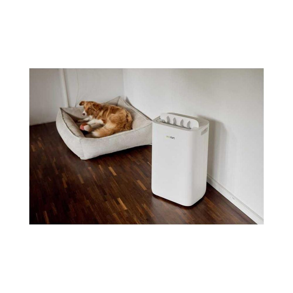 Un cane dorme nella sua cuccia accanto a un purificatore d'aria bianco su pavimento in legno.