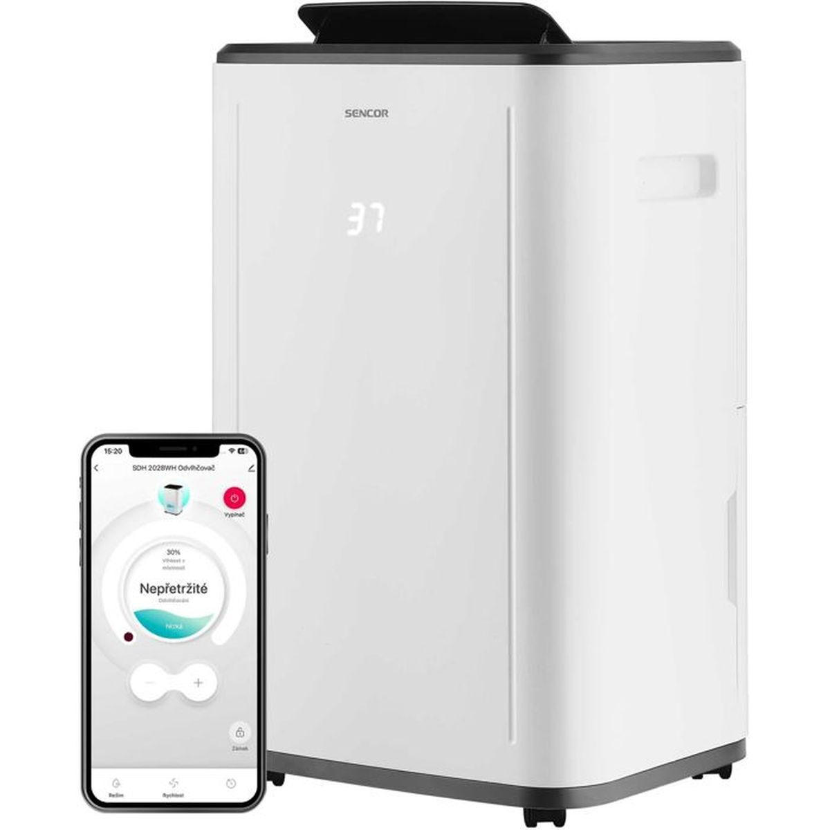Un deumidificatore bianco SENCOR con display digitale 37 e uno smartphone.