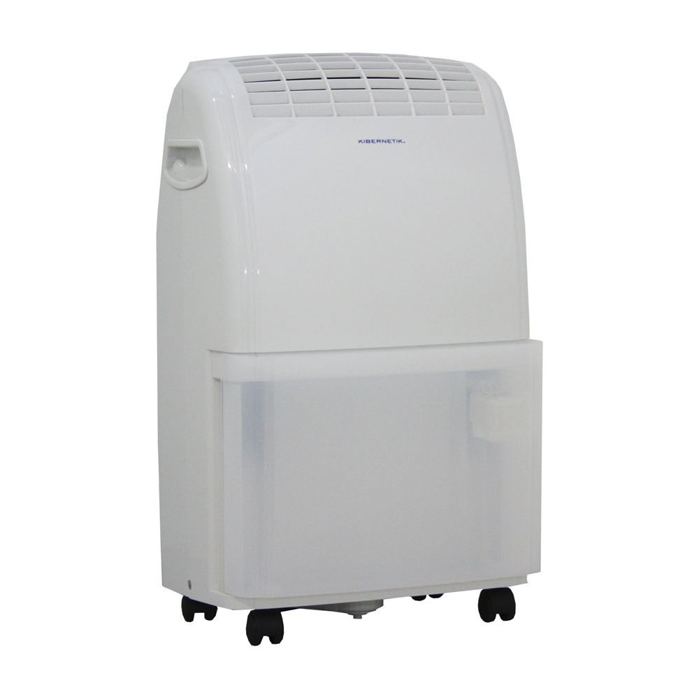 Un deumidificatore bianco con ruote e serbatoio dell'acqua trasparente.