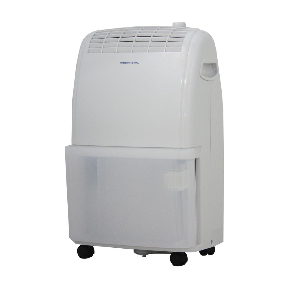 Un deumidificatore bianco con serbatoio dell'acqua trasparente e ruote.