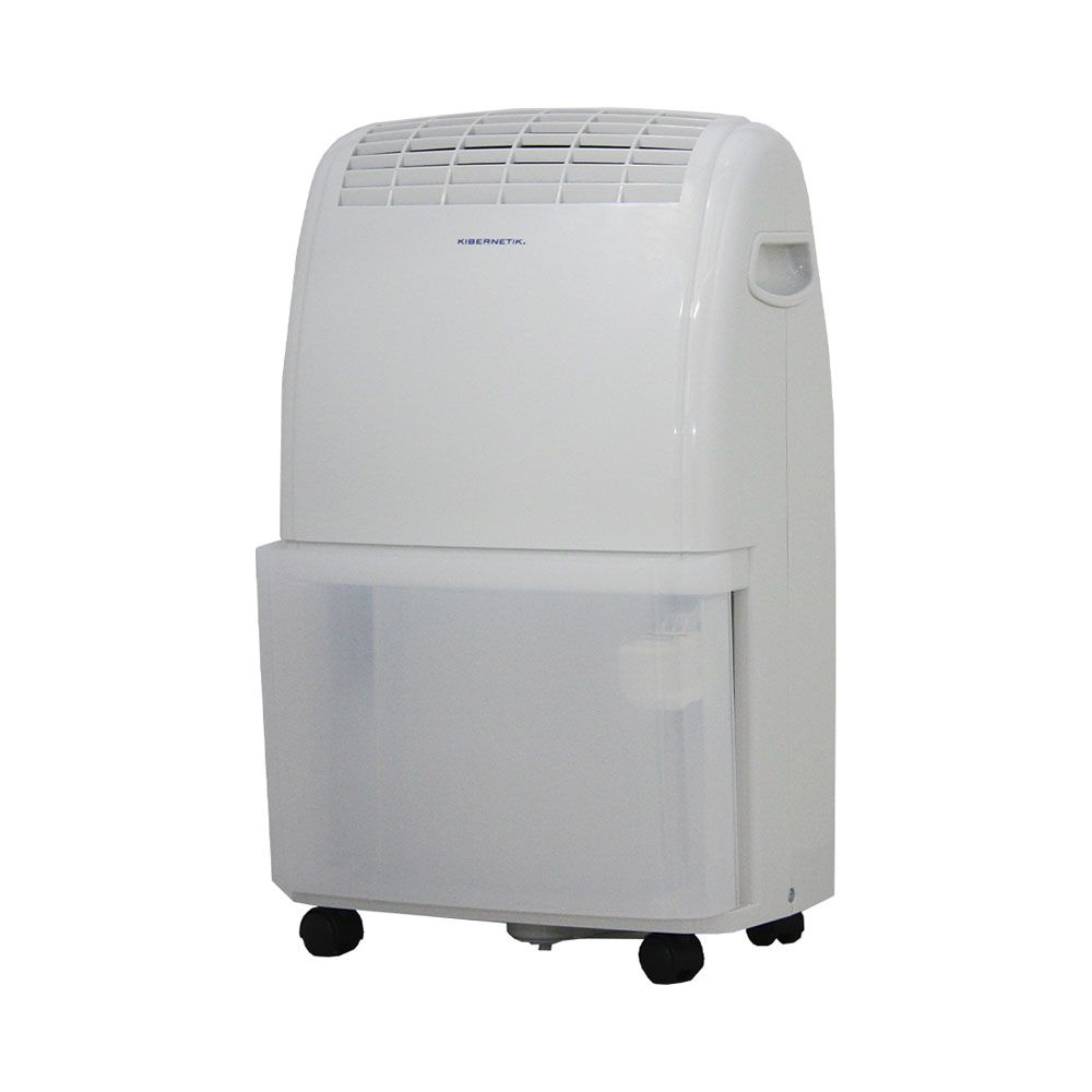 Un deumidificatore bianco con ruote e serbatoio dell'acqua traslucido.