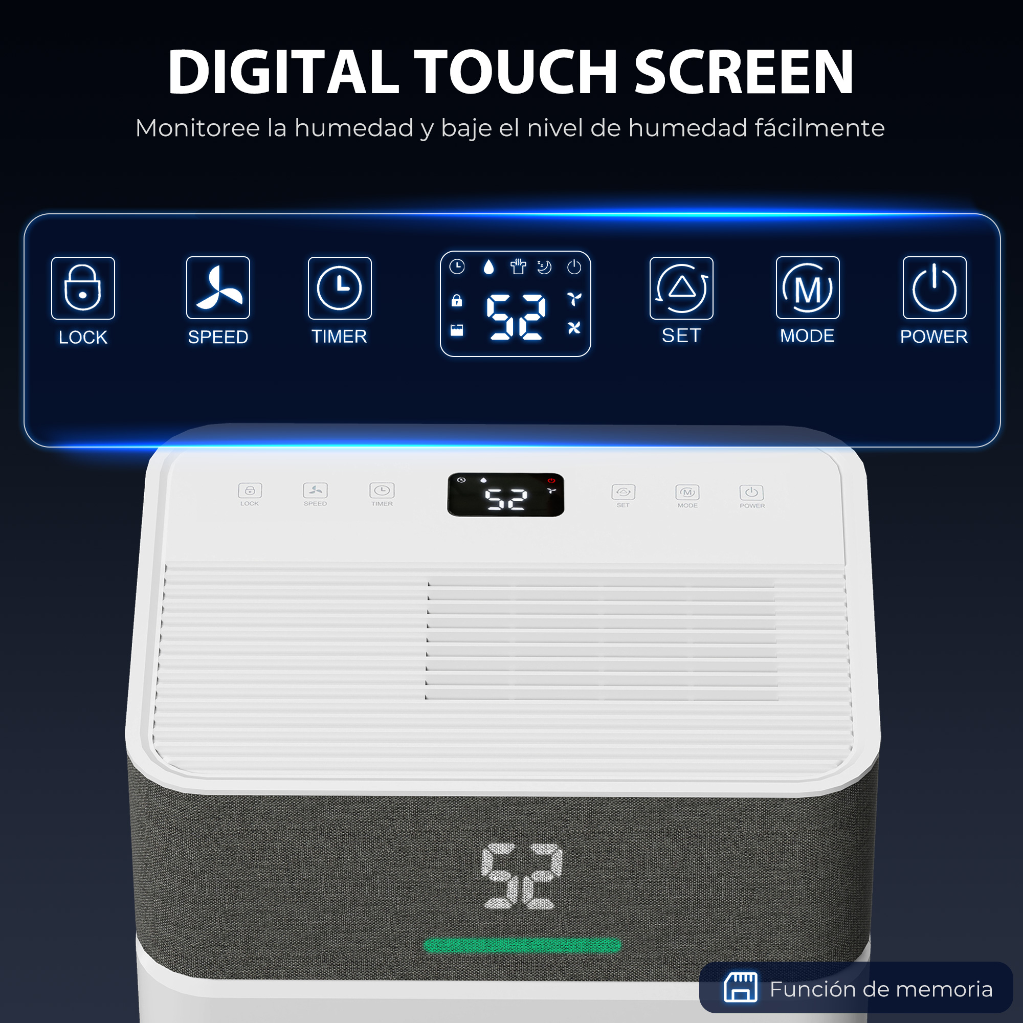 Un deshumidificador blanco con pantalla táctil digital que muestra '52' e iconos.