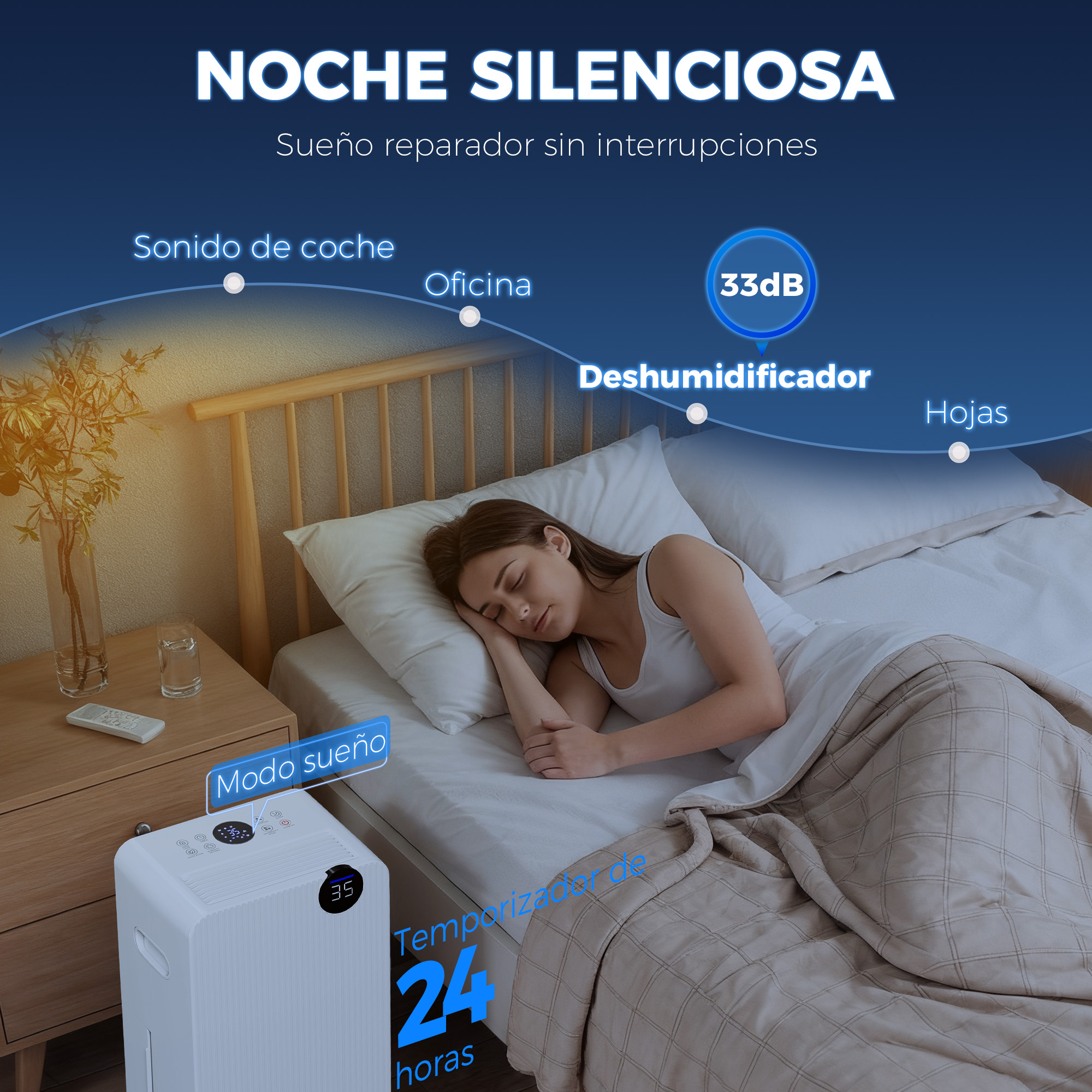 Mujer durmiendo en cama junto a un deshumidificador silencioso.