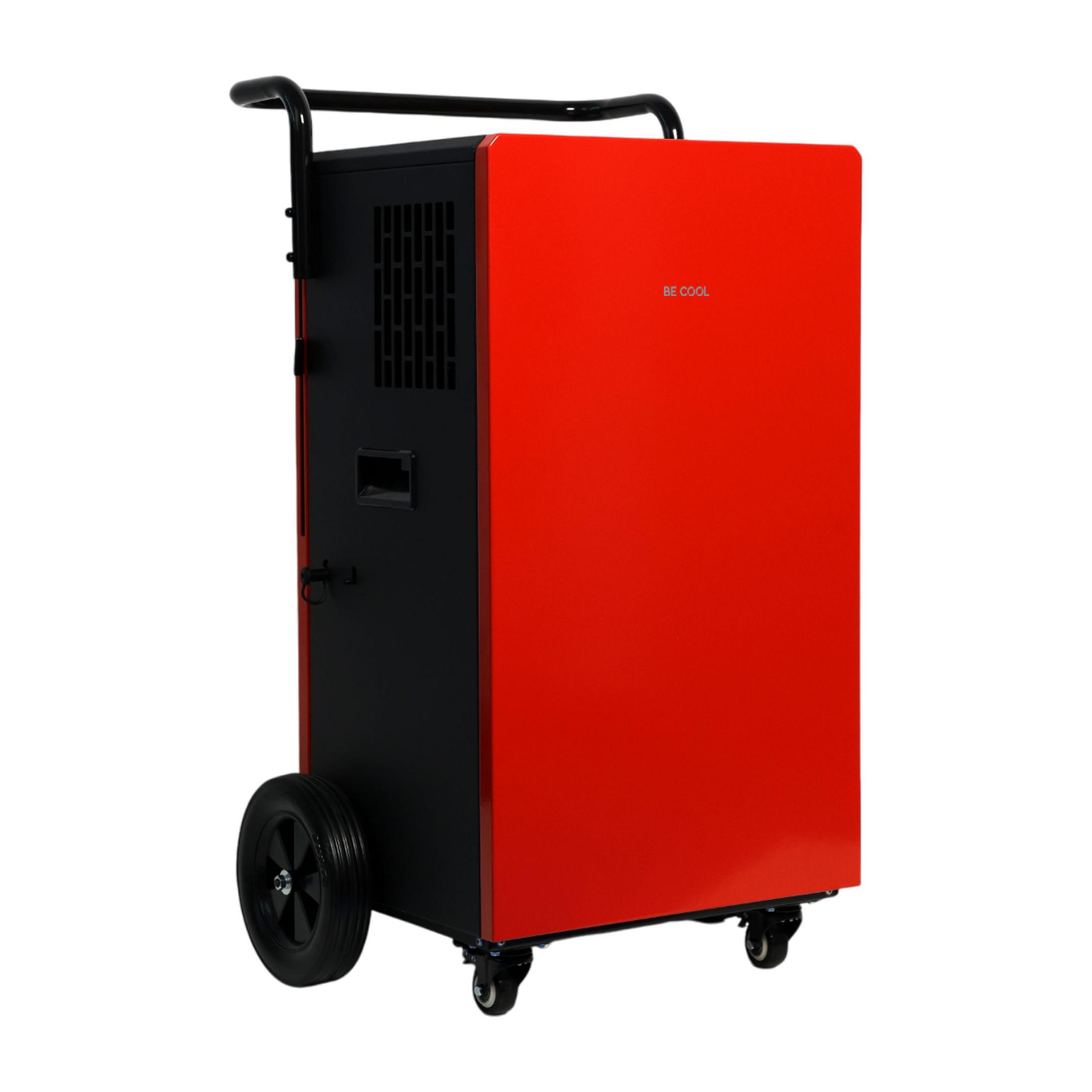 Un deumidificatore portatile rosso e nero con ruote e maniglia.