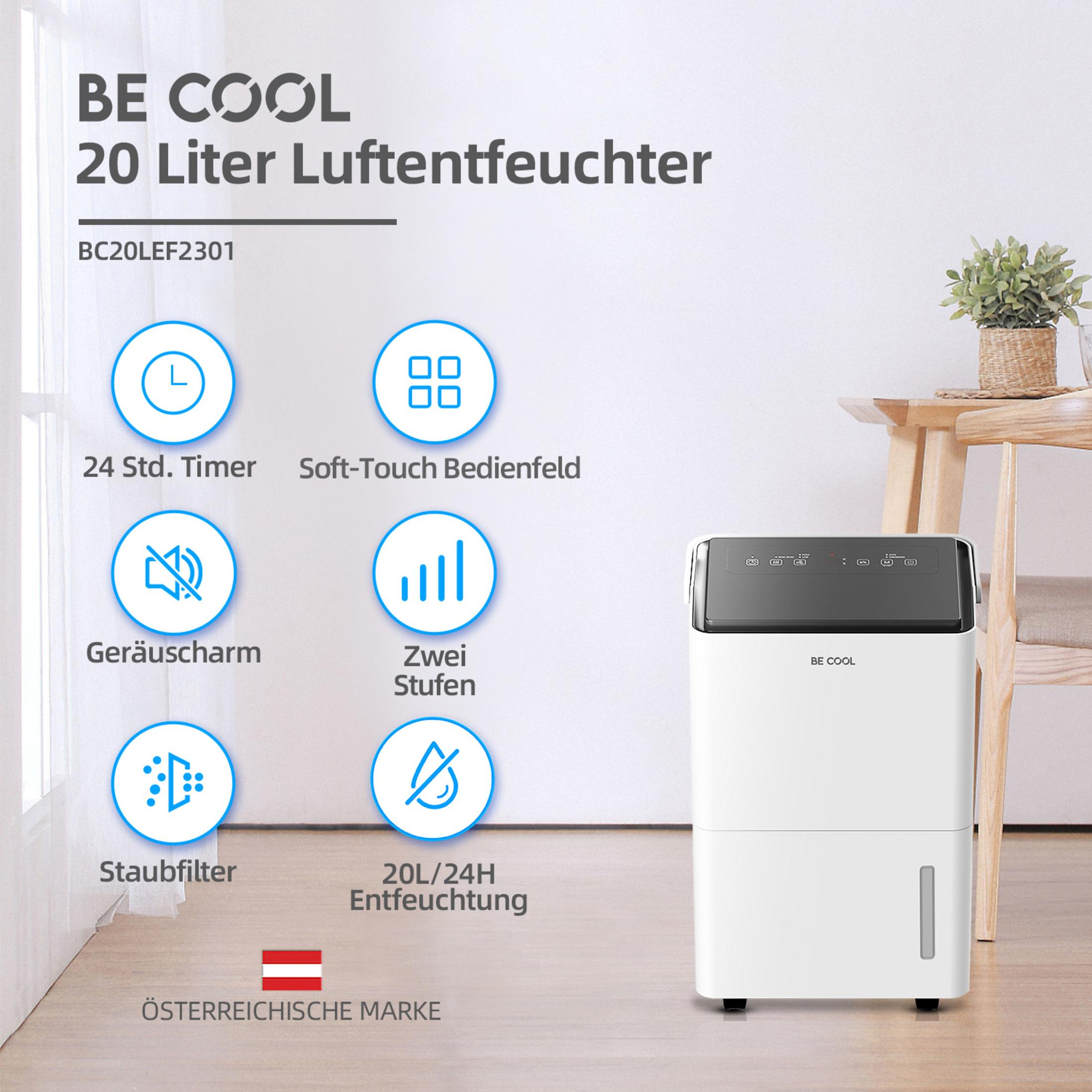 Ein weißer BE COOL Luftentfeuchter mit digitalen Anzeigen steht auf einem Holzboden.