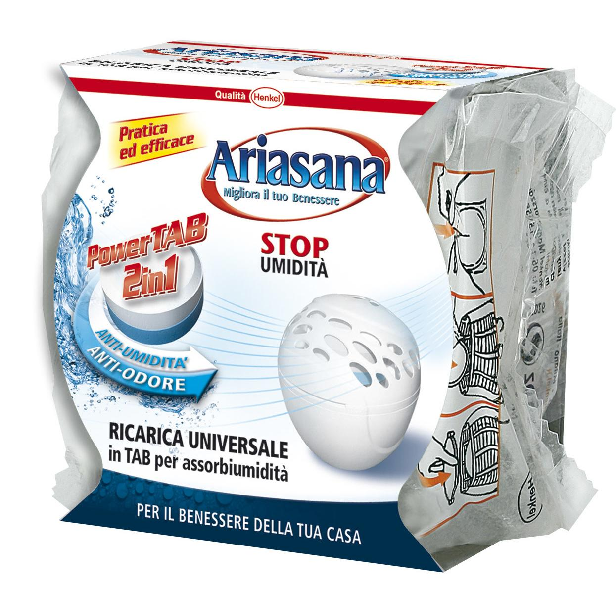 Ariasana deumidificatore: Sfera bianca e confezione con logo "PowerTAB 2in1".