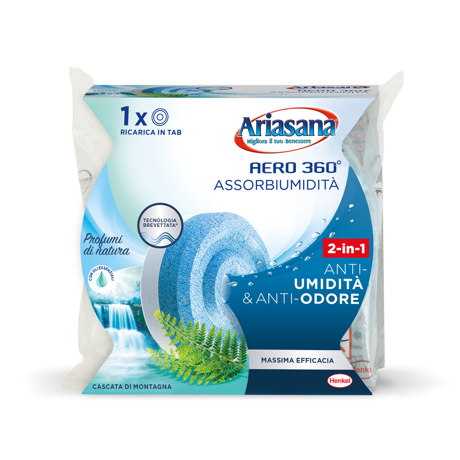 Ricarica deumidificatore Ariasana Aero 360° con immagine cascata e felce.