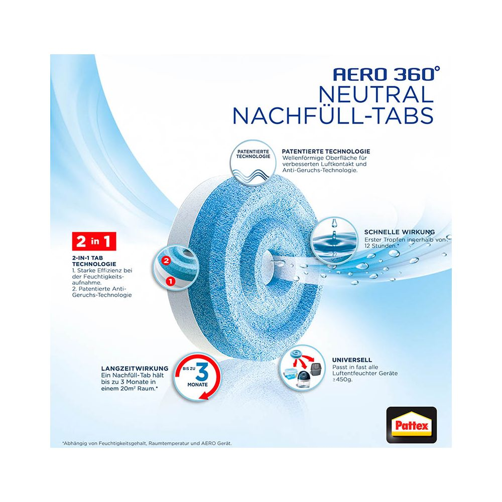 Pastiglie di ricambio AERO 360° Neutral con tecnologia 2 in 1 per assorbire umidità ed eliminare odori.