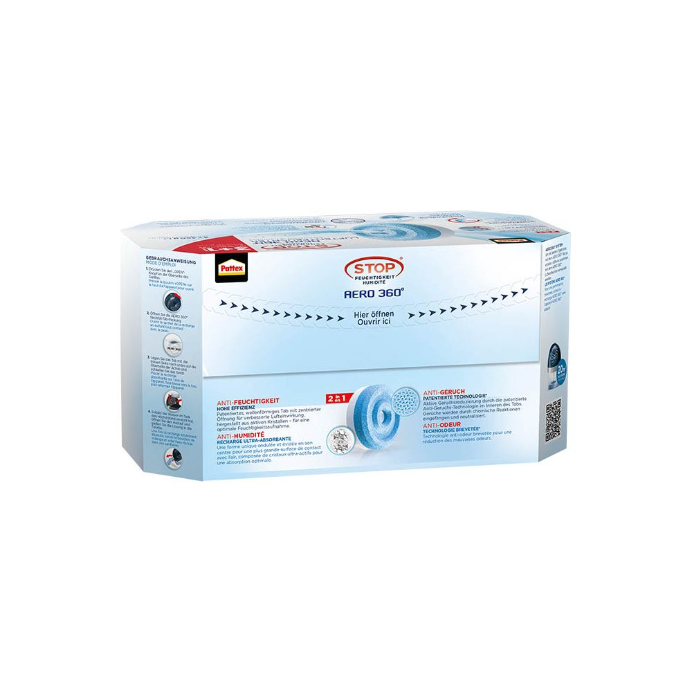 Confezione assorbi umidità Pattex Aero 360° con istruzioni e immagini del prodotto.