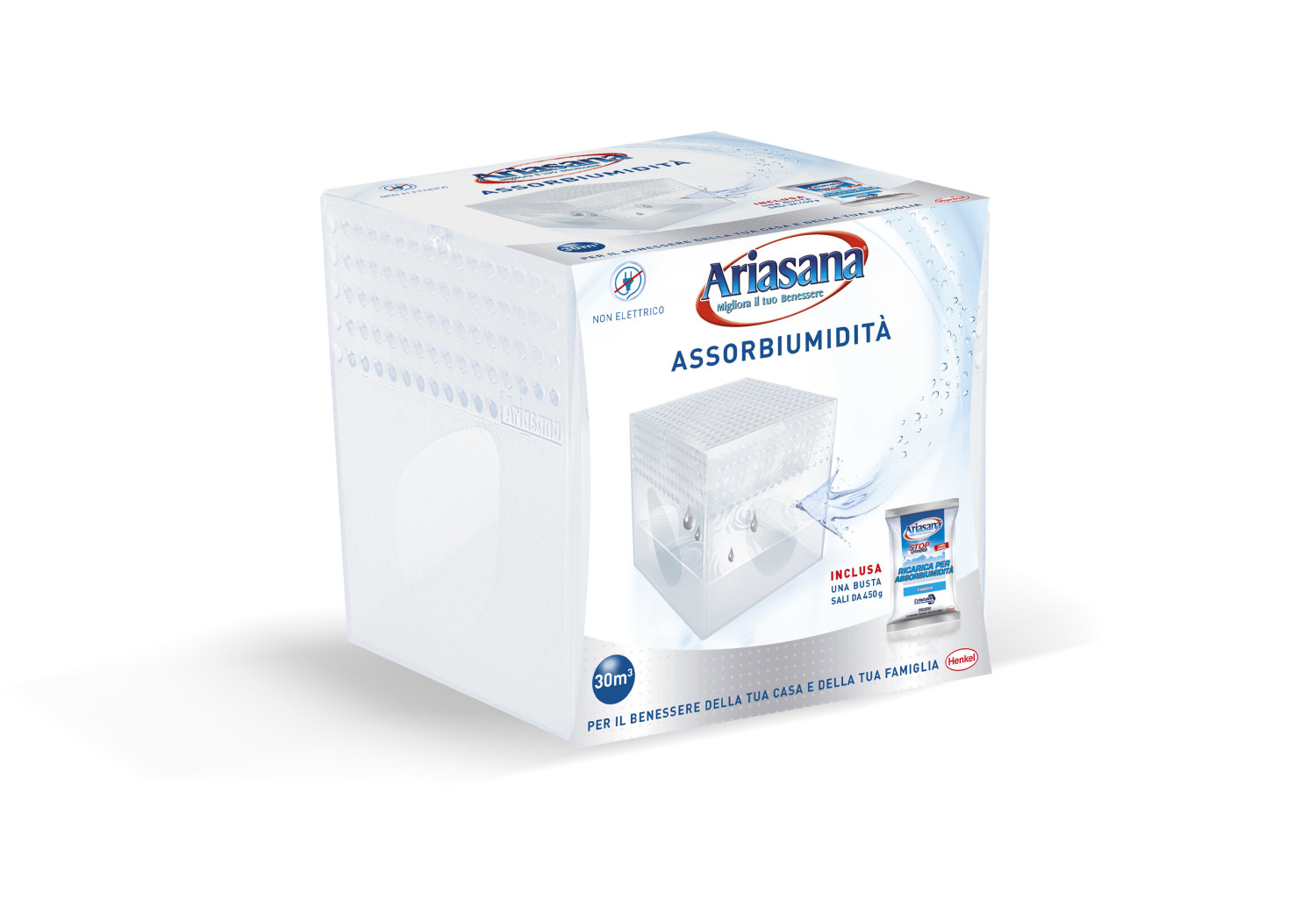Confezione Ariasana assorbi-umidità con immagine del dispositivo che assorbe umidità.
