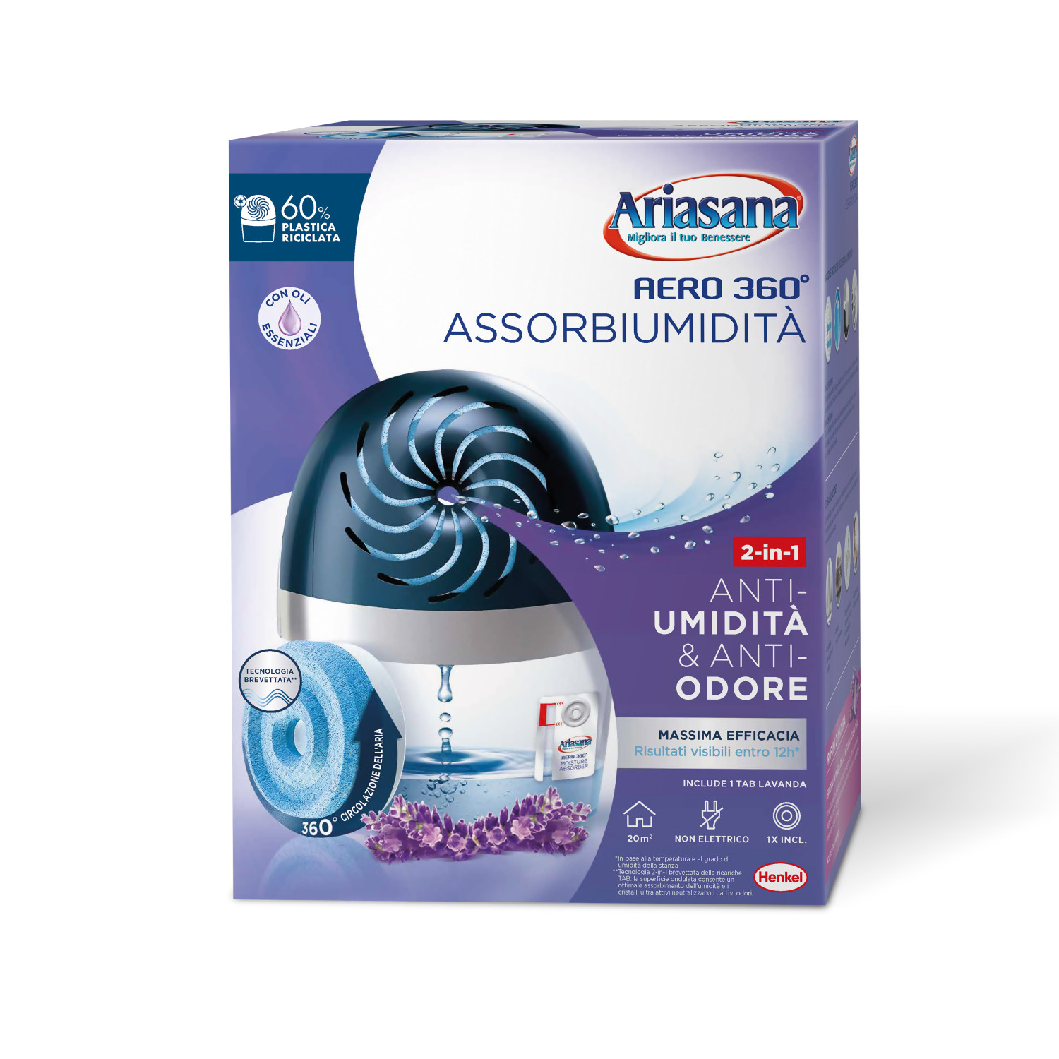 Deumidificatore Ariasana Aero 360° profumo lavanda, 60% plastica riciclata.