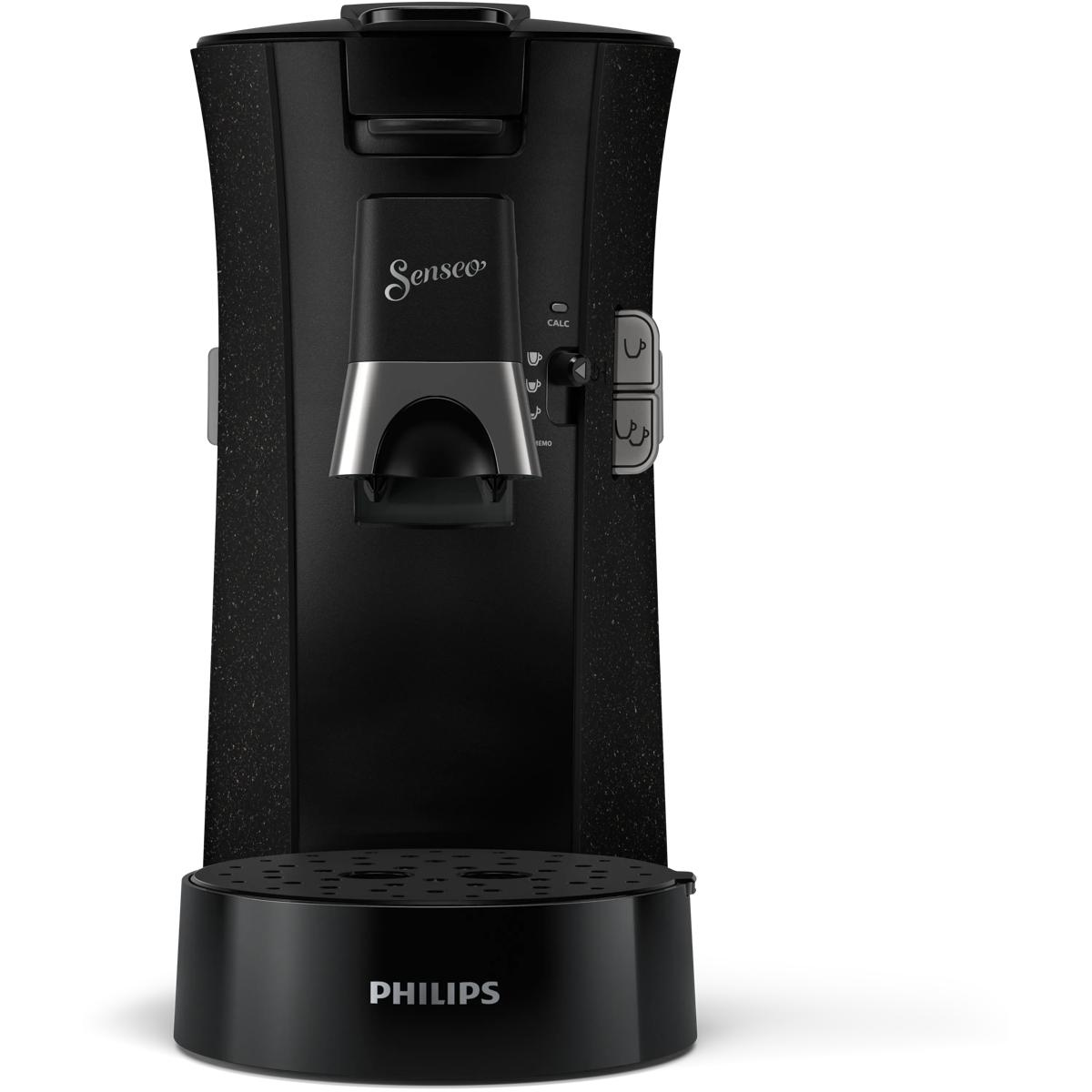 Schwarze Senseo-Kaffeemaschine mit Philips-Logo am Sockel. Gesprenkelte Textur.