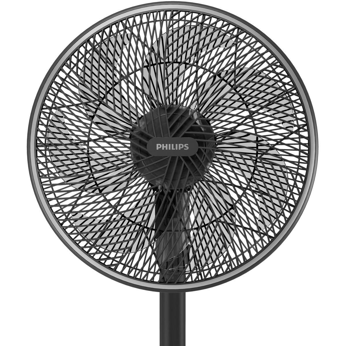 Un ventilateur sur pied noir avec le logo Philips sur la grille.