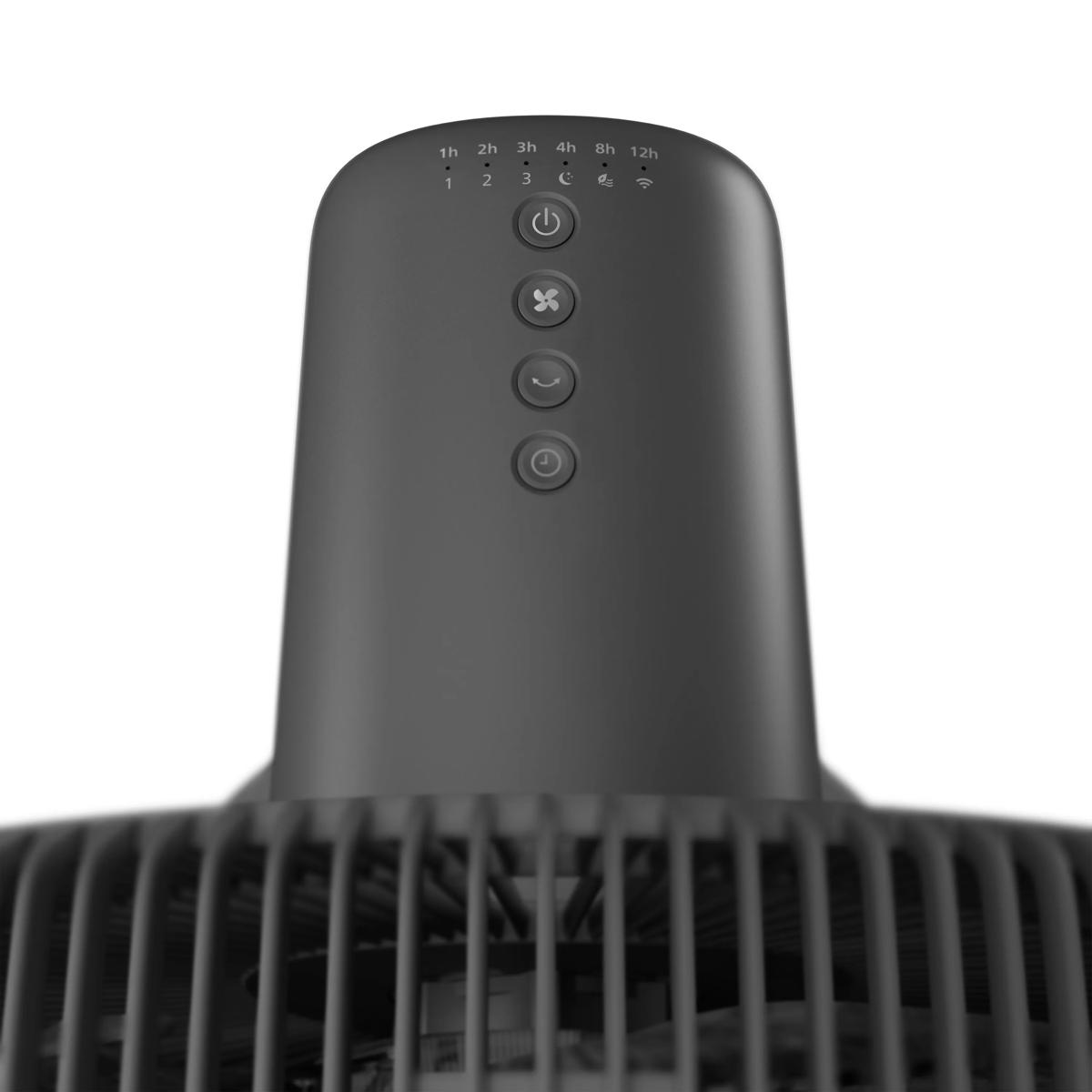 Gros plan des commandes d'un ventilateur noir, montrant les options de minuterie et de vitesse.