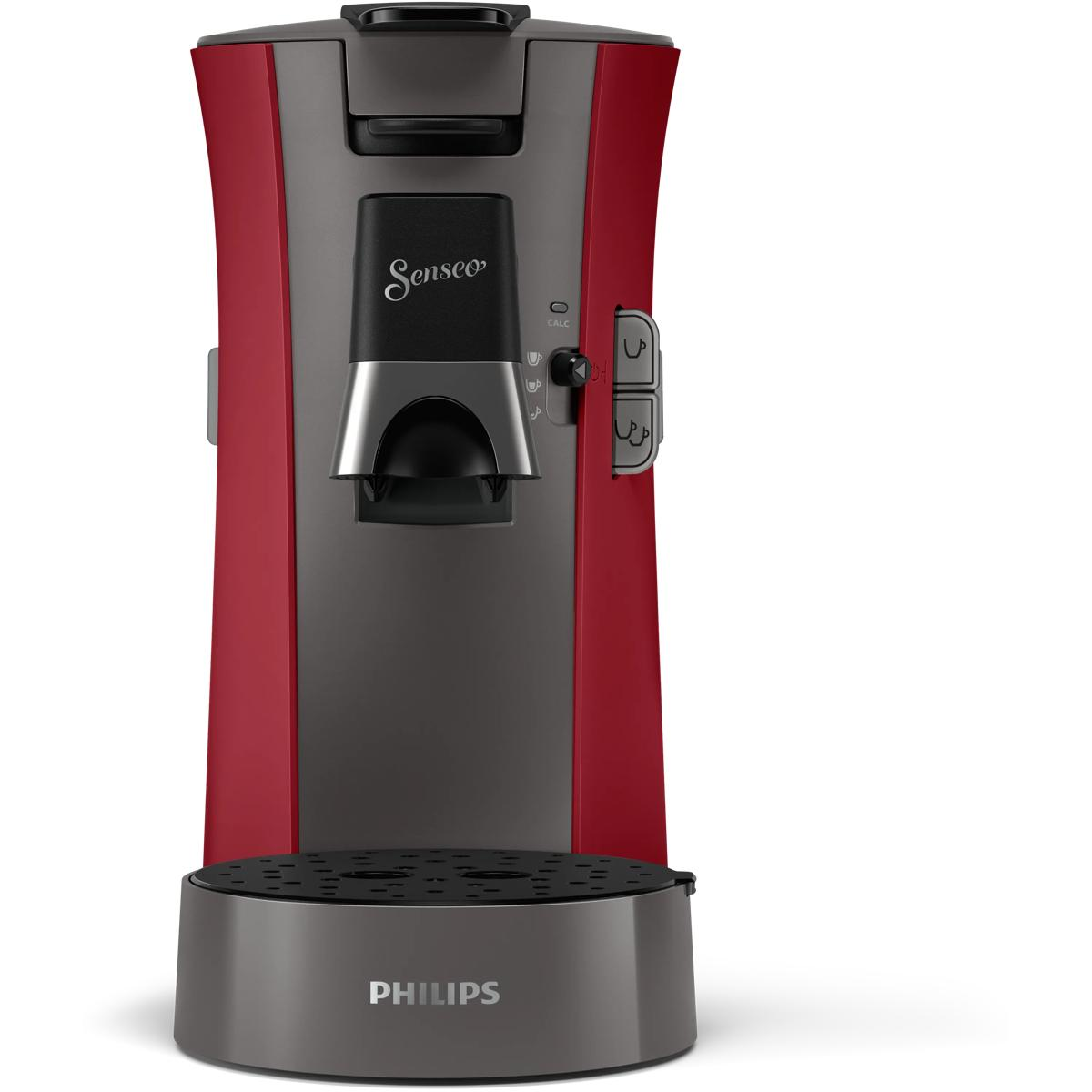 Eine rote und graue Senseo-Kaffeemaschine mit Tropfschale und Philips-Logo.