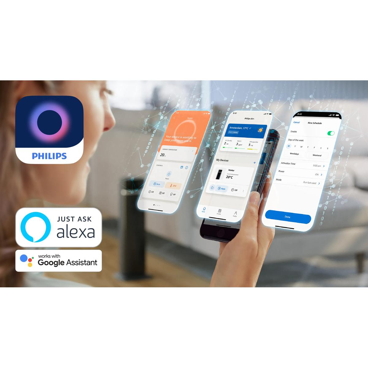 Üç akıllı telefonda Philips uygulaması, Alexa ve Google Asistan logoları.