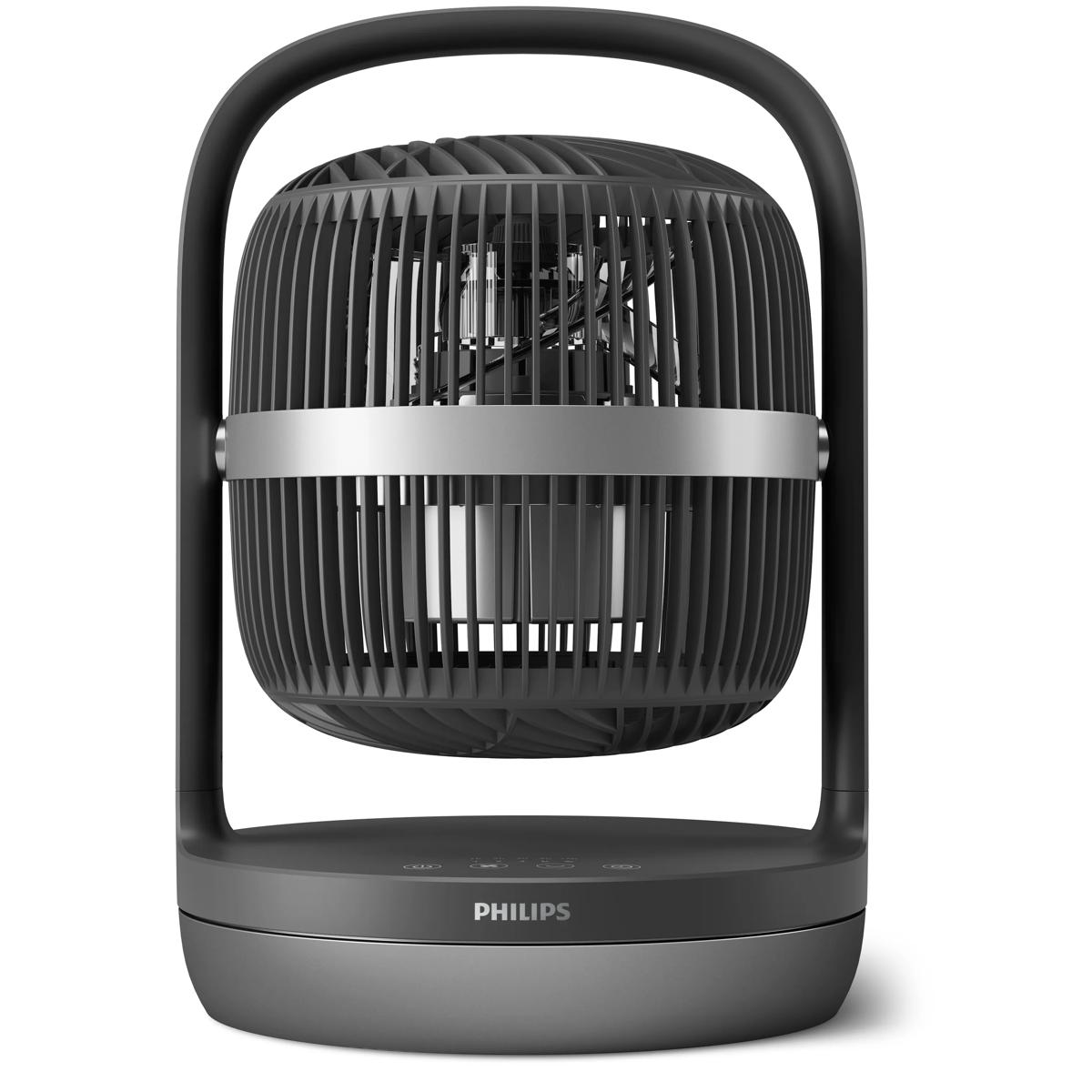 Een zwarte Philips ventilator met zilveren band rond de grill staat op een donkergrijze voet.