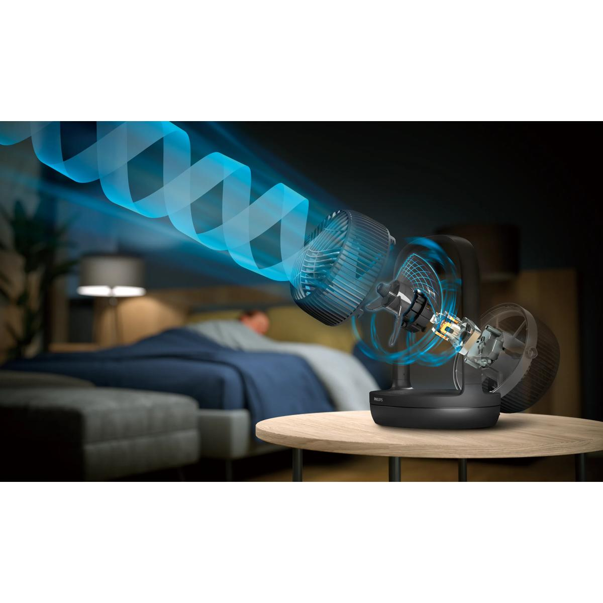 Een ventilator met zichtbare luchtstroom in een slaapkamer.
