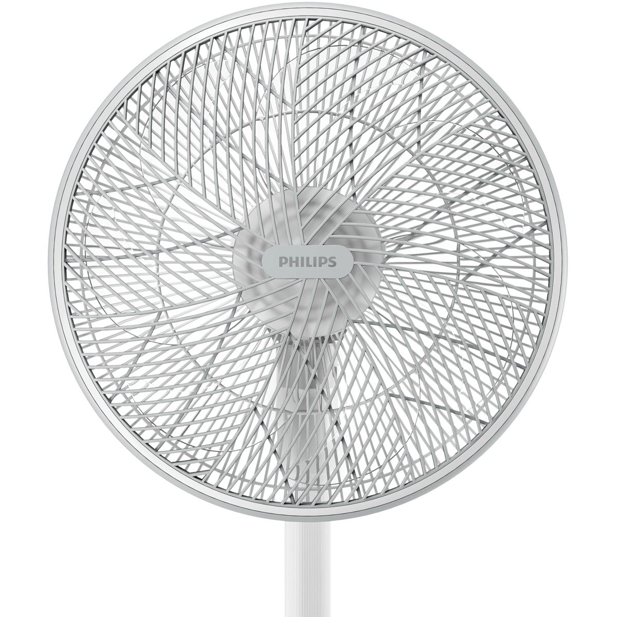 Gümüş ızgaralı ve Philips logolu beyaz bir vantilatör.
