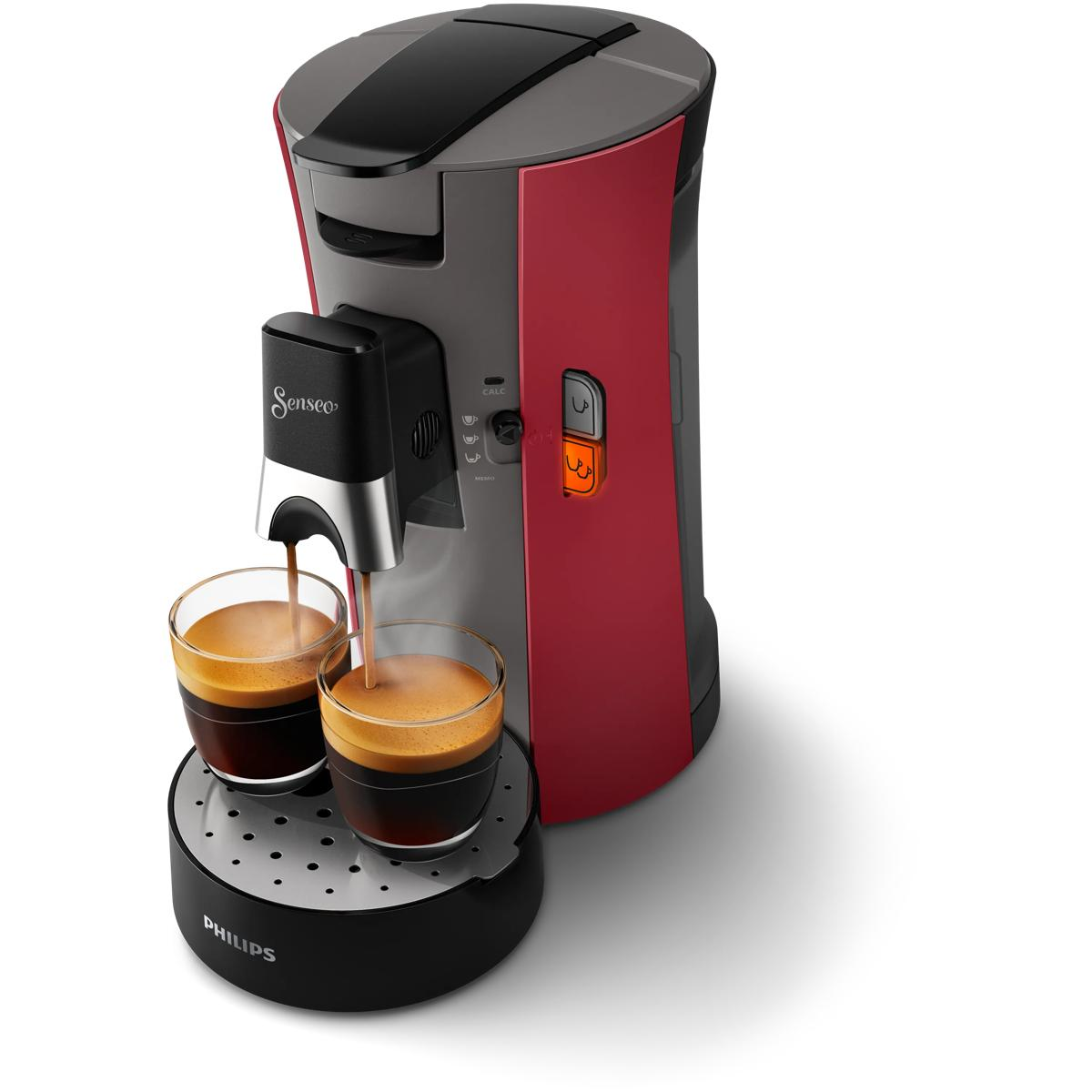 Rot-graue Senseo-Kaffeemaschine brüht zwei Espressi in Gläser.