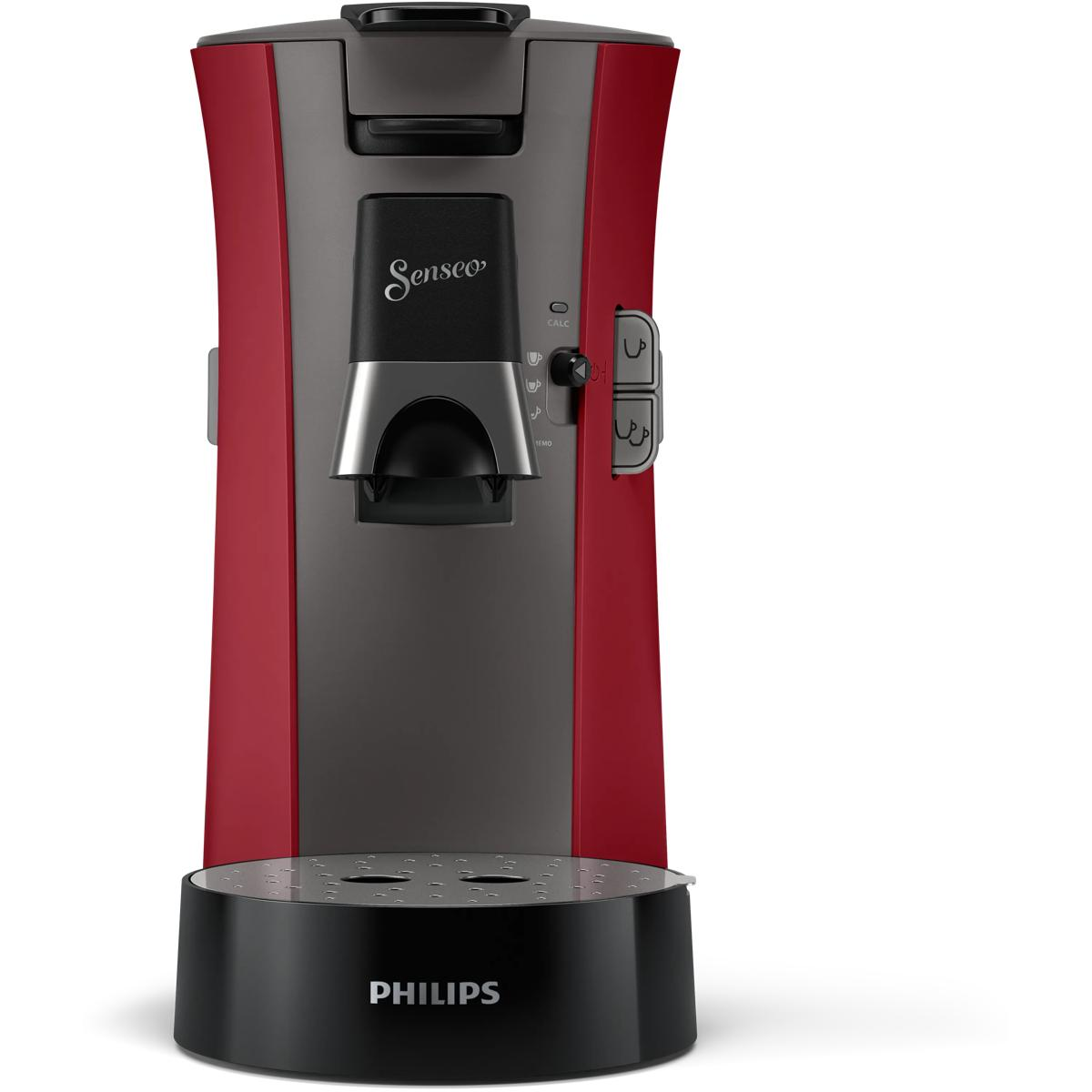 Eine rote und graue Philips Senseo Kaffeemaschine steht auf einem weißen Hintergrund.
