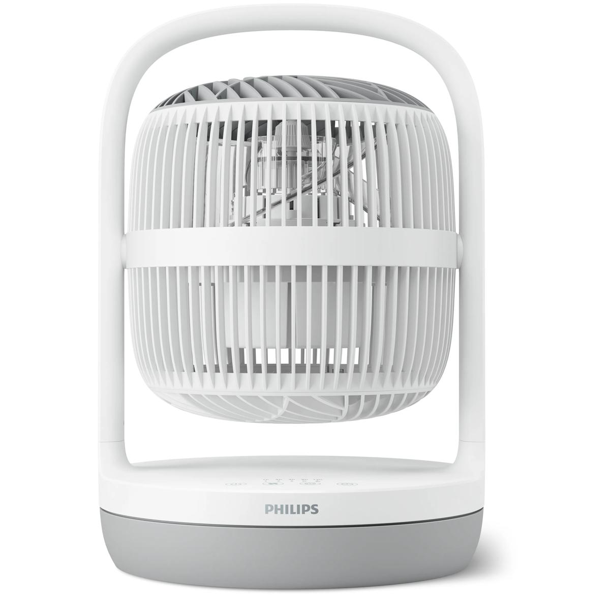 Ein weißer Philips-Tischventilator mit grauem Sockel und integriertem Griff.