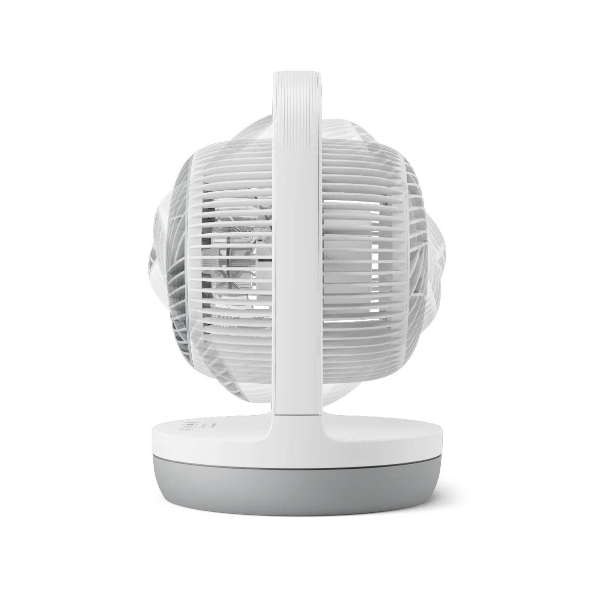Ein weißer Ventilator mit grauem Sockel steht auf weißem Grund.