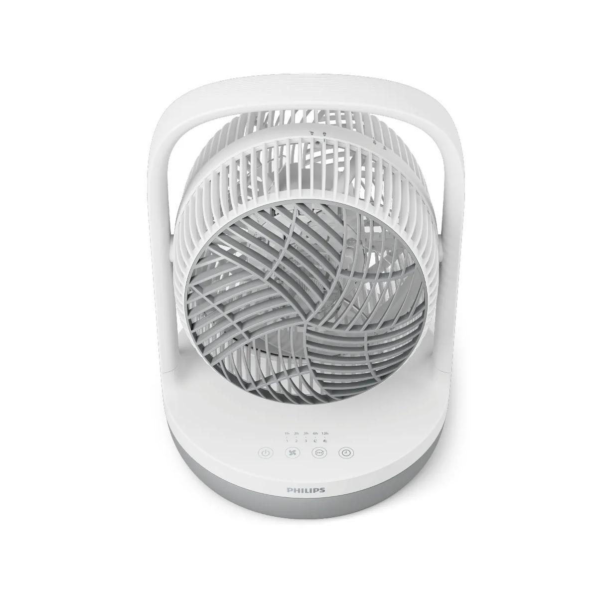 Ein weißer Philips Tischventilator mit einem stilisierten Lüftergitter und Bedienelementen.