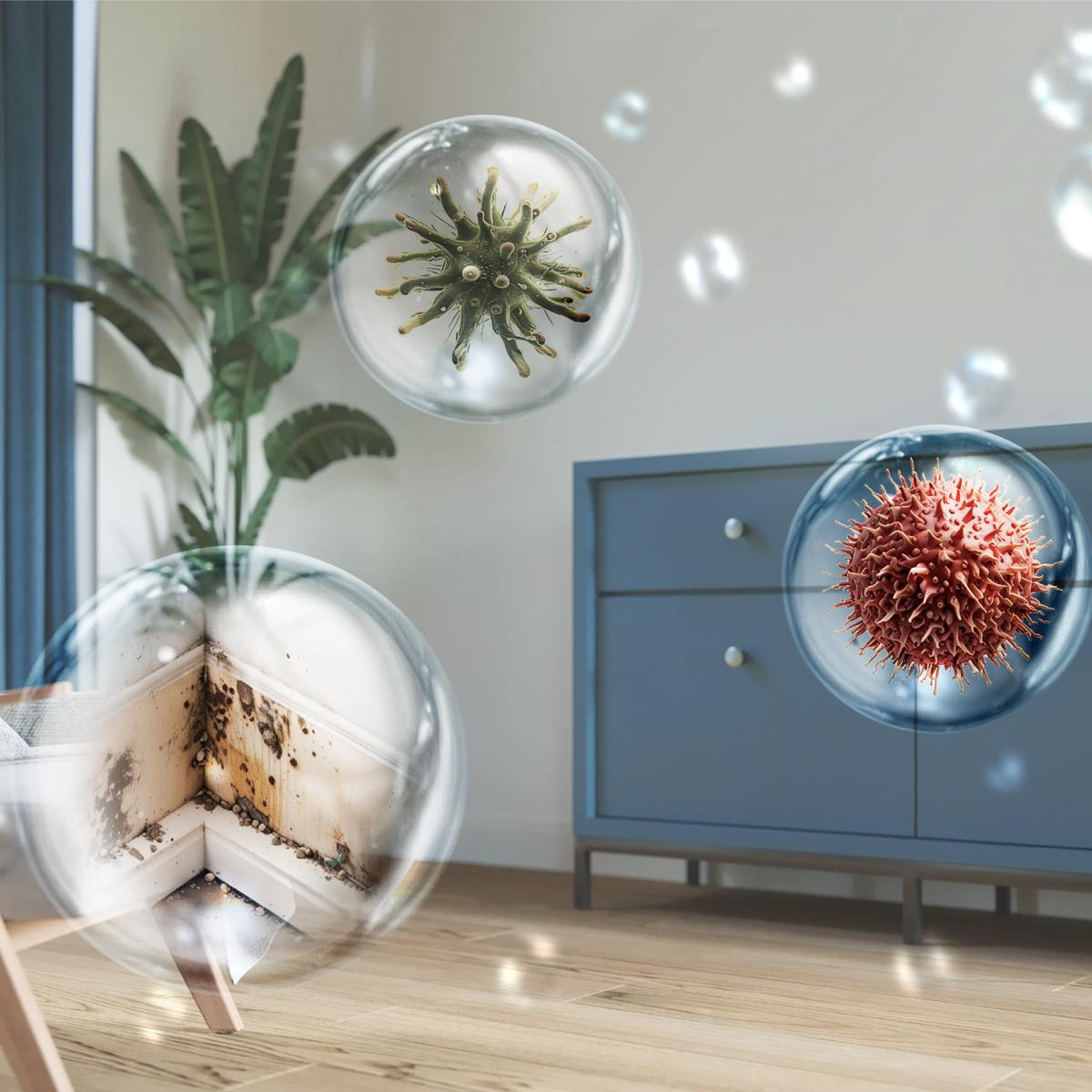 Trzy bańki z wirusami i brudnym zakątkiem w pokoju.