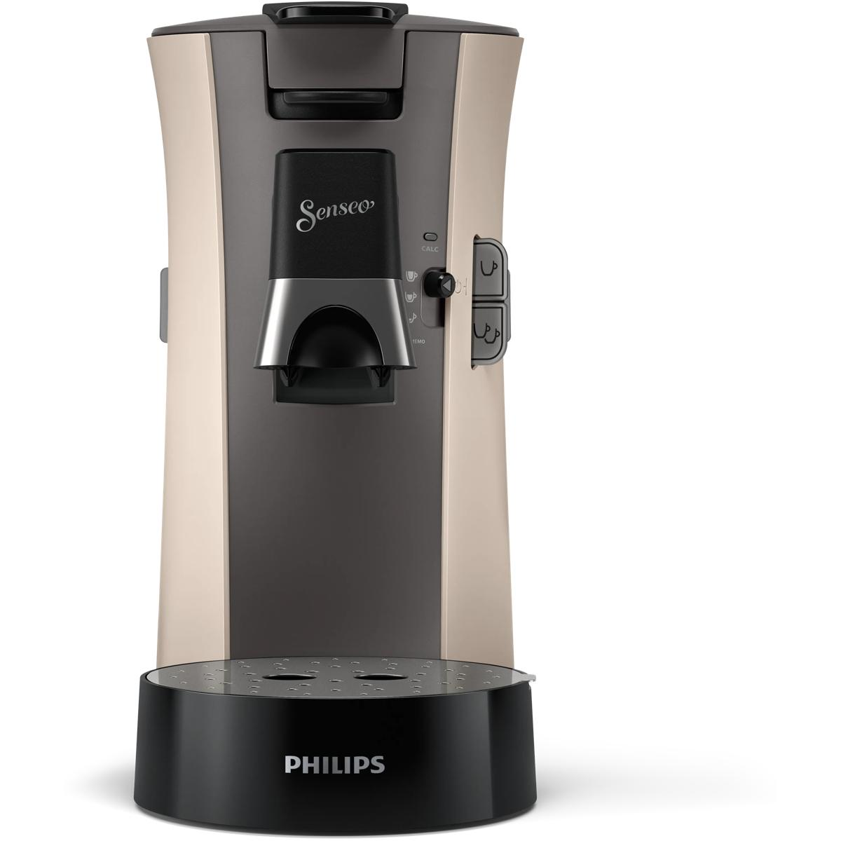 Eine beige und graue Senseo-Kaffeemaschine mit schwarzem Sockel und Philips-Logo.