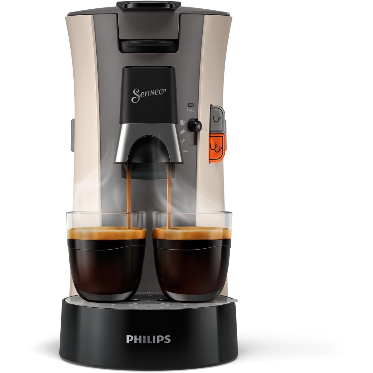 Eine Philips Senseo Kaffeemaschine brüht zwei Tassen Kaffee.