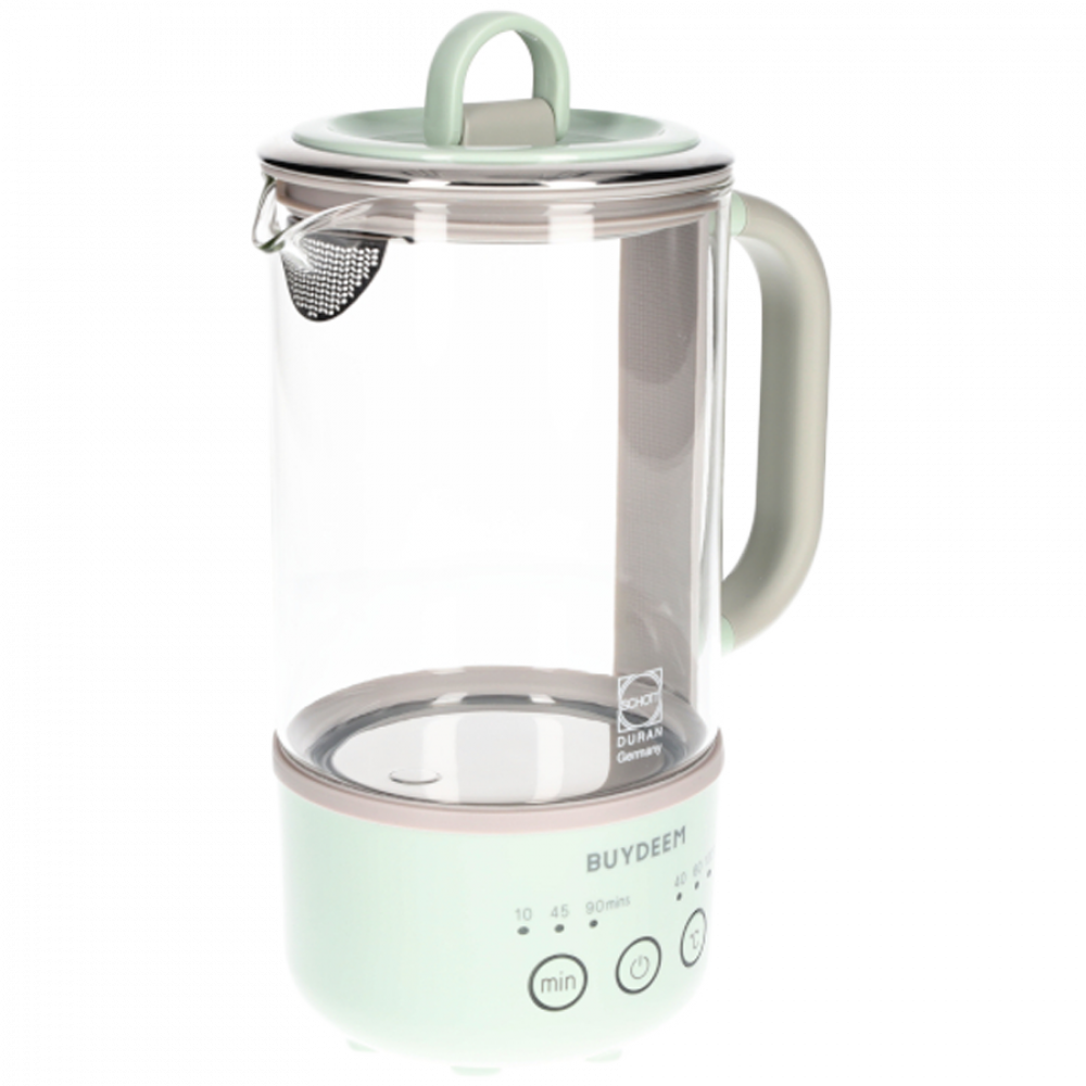 Przezroczysty czajnik elektryczny z jasnozieloną podstawą i uchwytem. Przyciski.