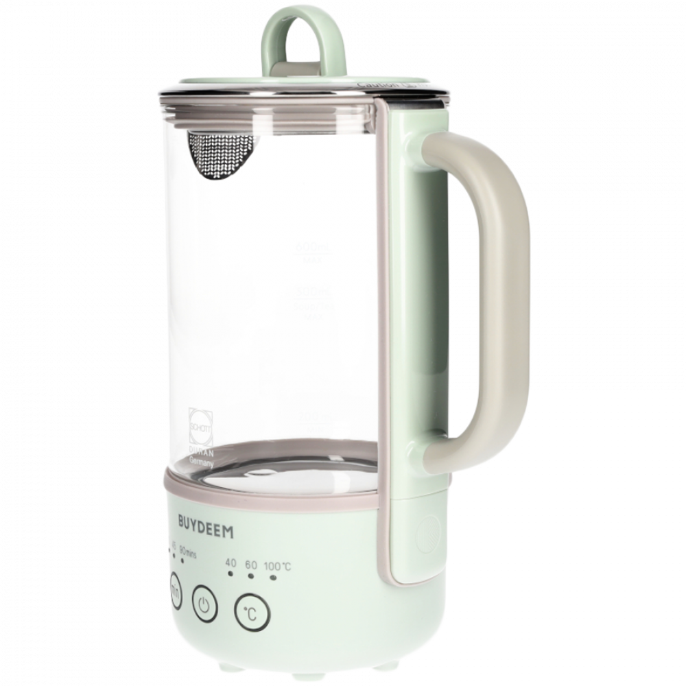 Przezroczysty czajnik z jasnozieloną podstawą i uchwytem, z przyciskami sterującymi.