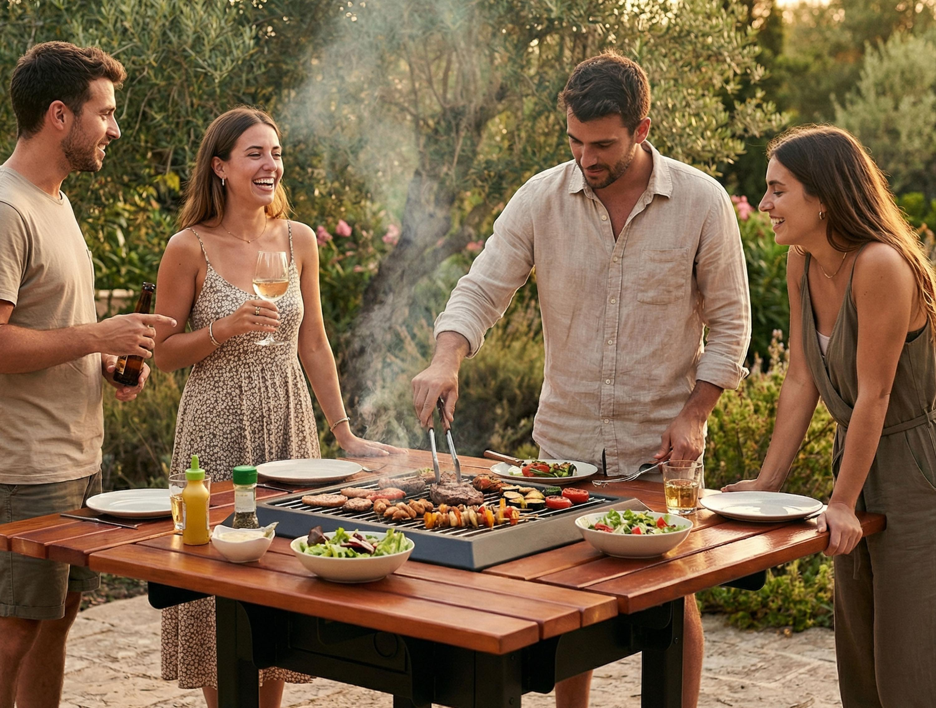 Vier Freunde grillen im Freien. Fleisch und Gemüse werden gegrillt, daneben stehen Salate und Getränke.