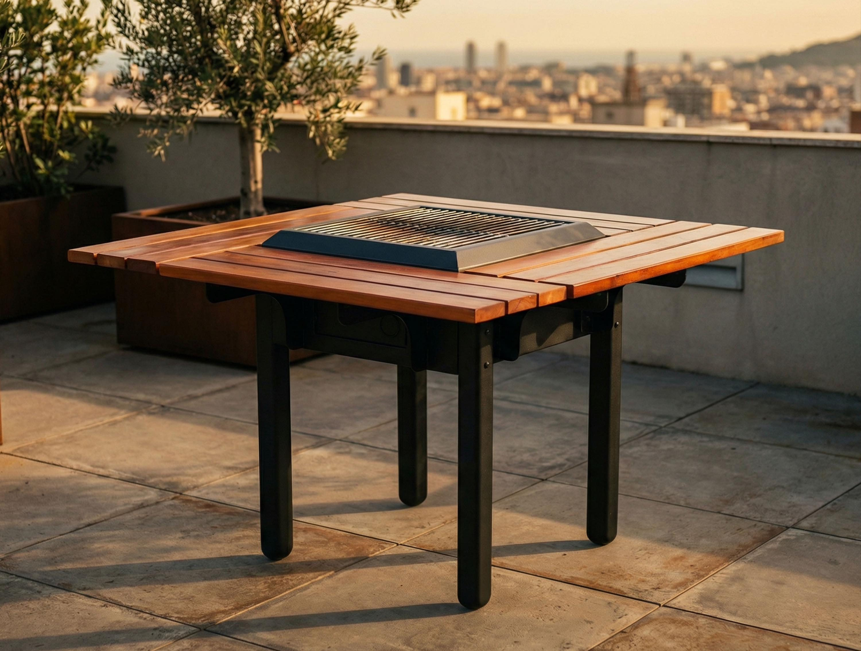 Ein Holztisch mit Grill auf einer Dachterrasse mit Stadtblick im Hintergrund.