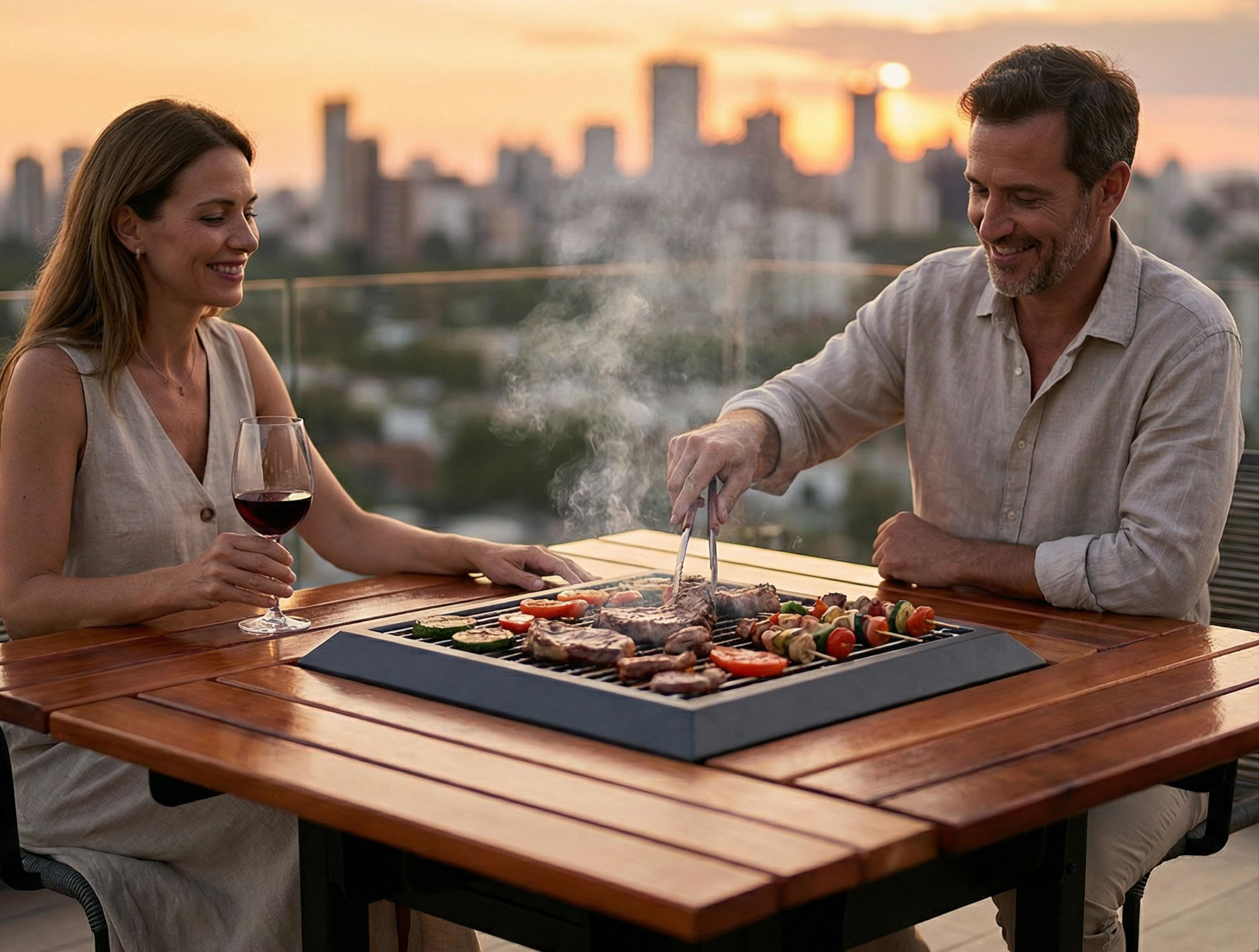 Mann und Frau grillen Steaks und Gemüsespieße bei Sonnenuntergang mit Stadtsilhouette.