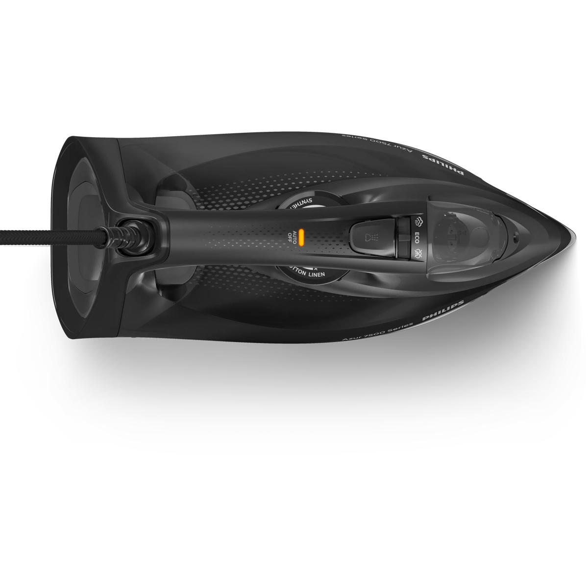 Czarne żelazko Philips z kablem i elementami sterującymi.