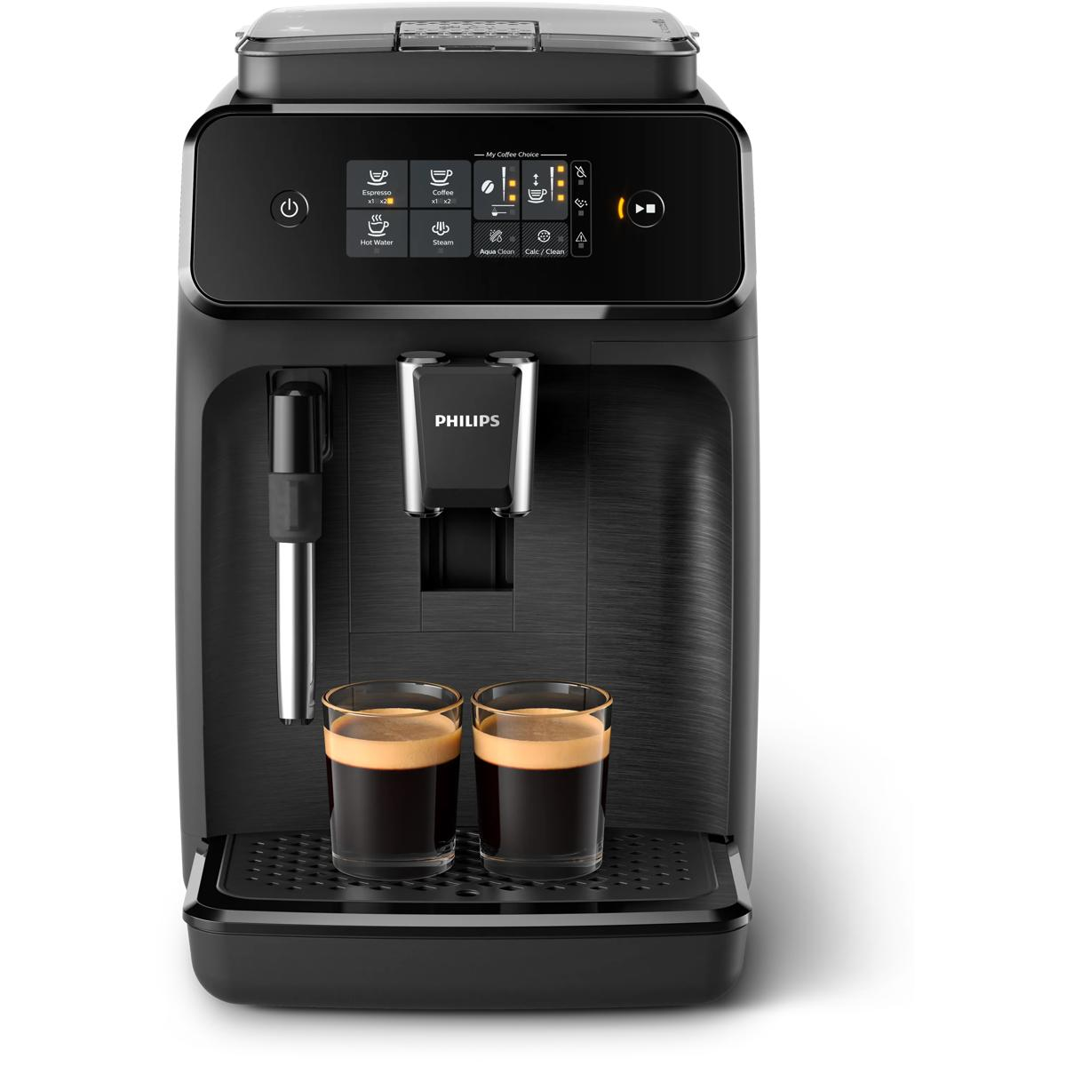 Czarny ekspres do kawy Philips z dwoma szklankami espresso i ekranem dotykowym.