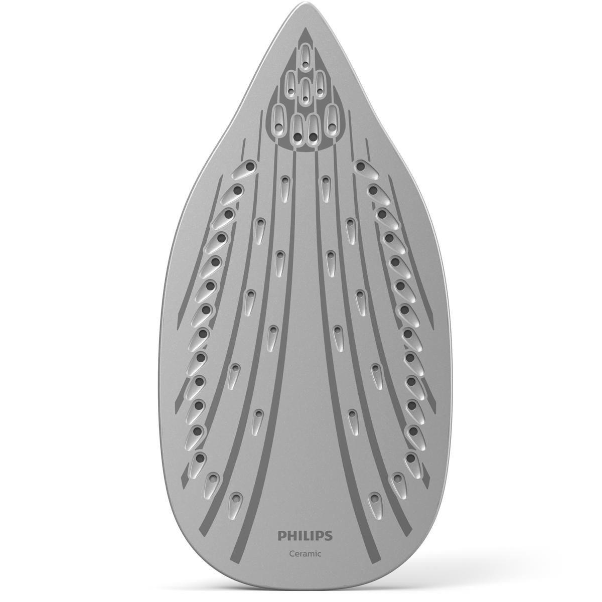 Szara stopa żelazka z otworami parowymi i logo Philips Ceramic.