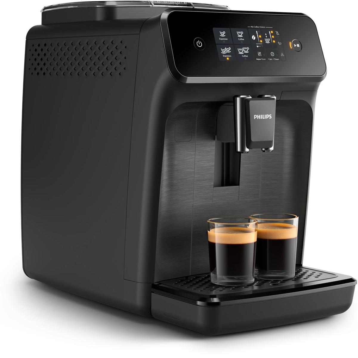 Czarny ekspres do kawy z dwoma szklankami espresso na tacce ociekowej.