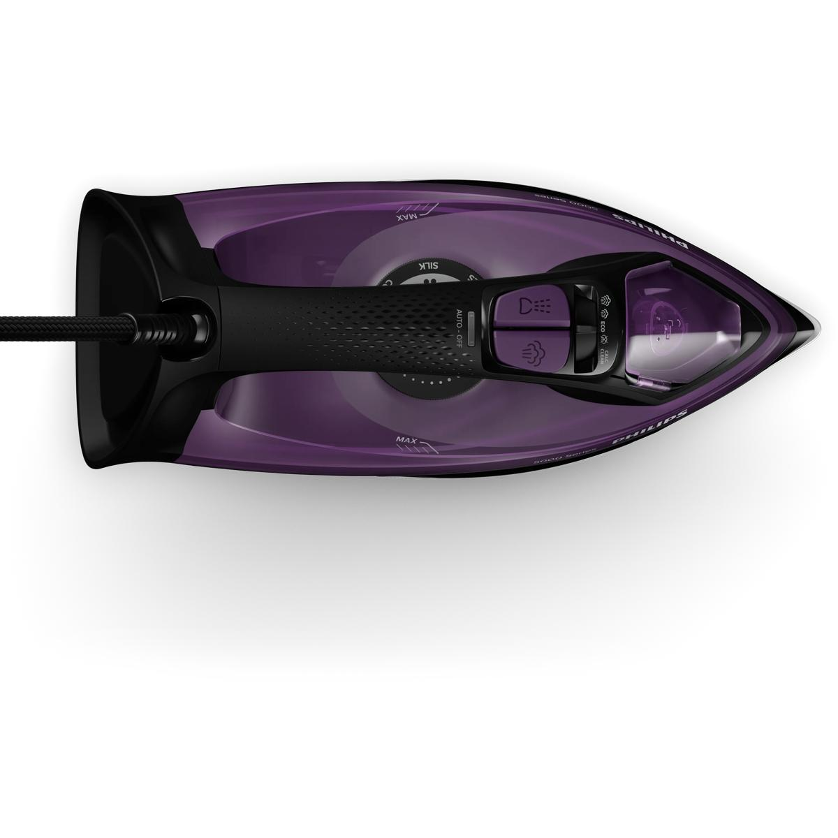 Top view of a purple Philips steam iron with black handle and cord.