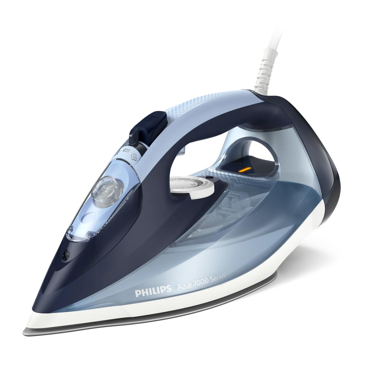 Eine dunkle und hellblaue Philips Azur 7000 Bügeleisen mit transparentem Wassertank.
