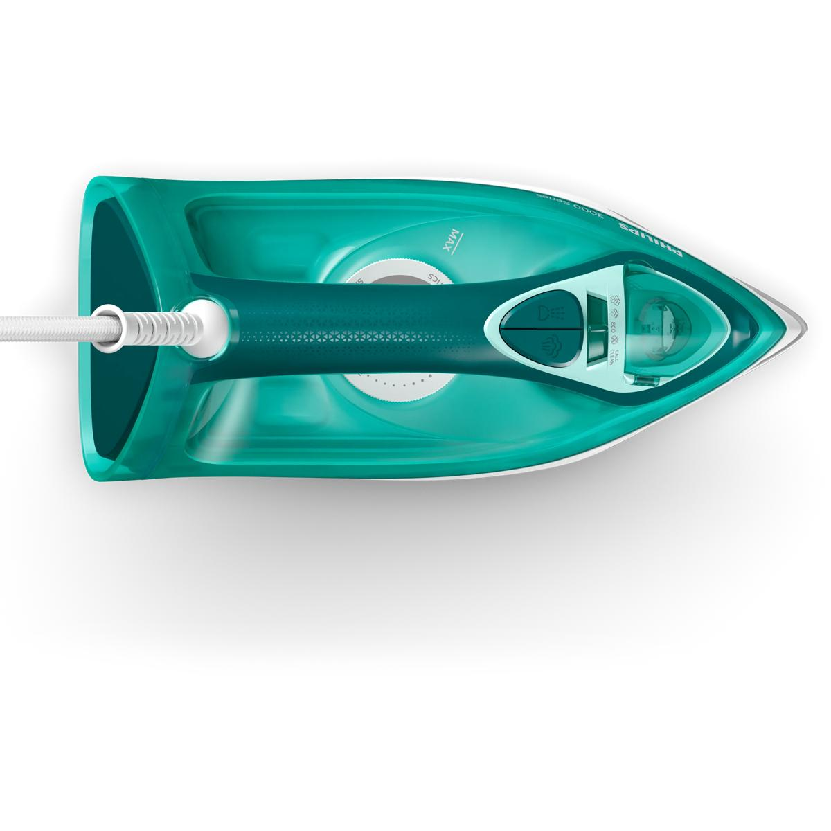 Turkusowe żelazko parowe z białym kablem, widok z góry.