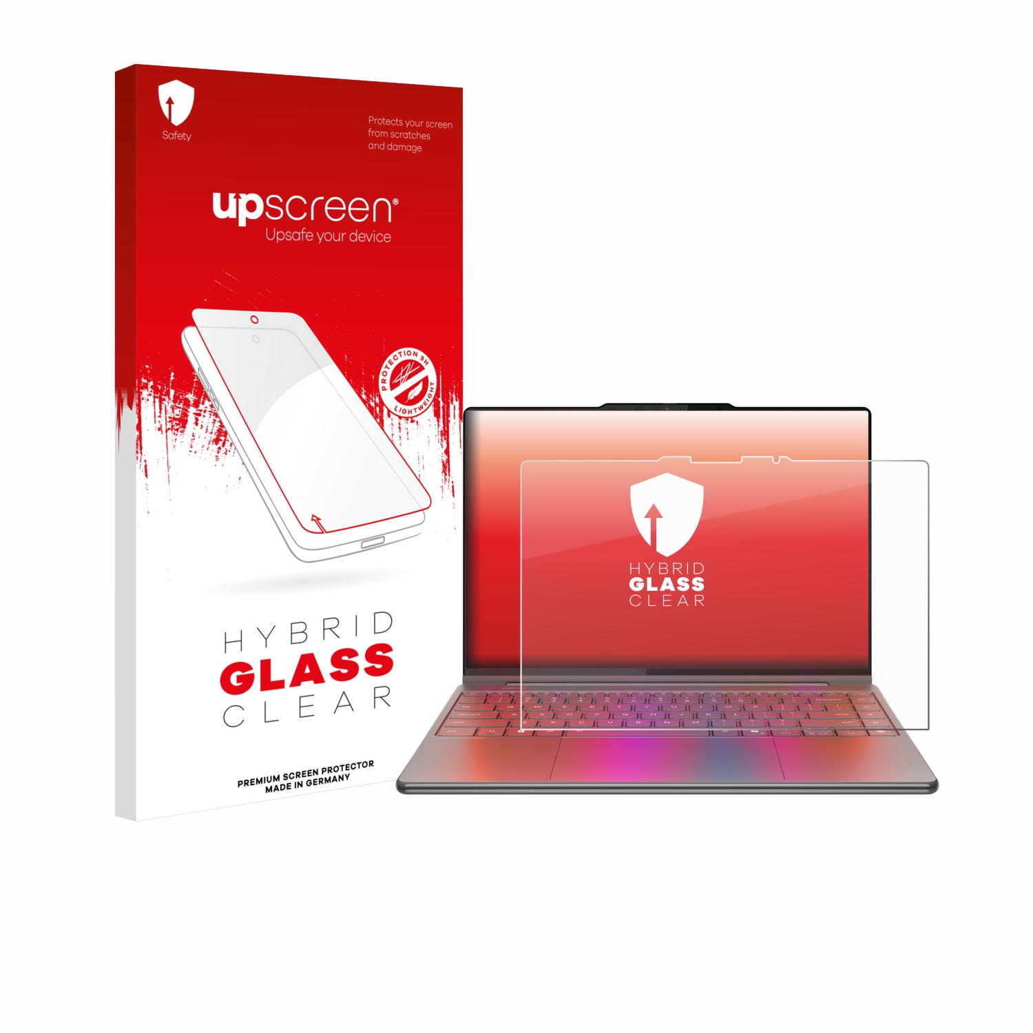 Verpackung für einen Displayschutz und ein Laptop mit Schutzfolie.