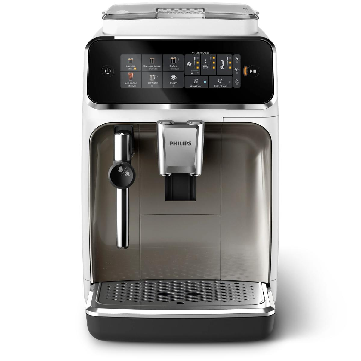 Cafetera Philips blanca con pantalla táctil y grupo de infusión.