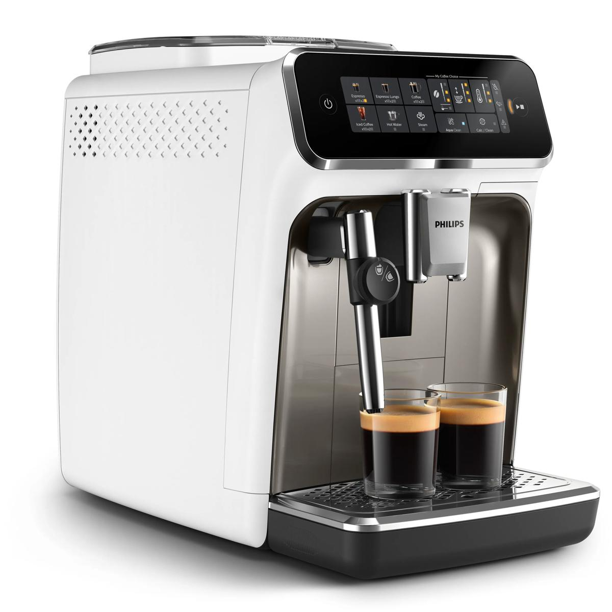 Cafetera Philips blanca con dos vasos de espresso y pantalla táctil.