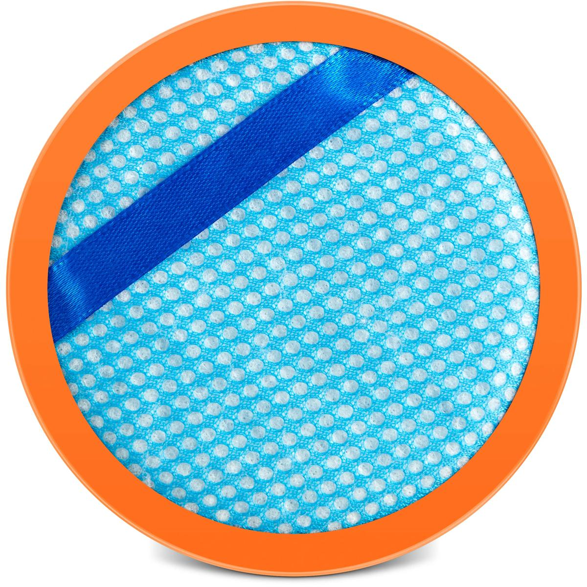 Un filtro blu rotondo con pois bianchi, bordato da un anello arancione.