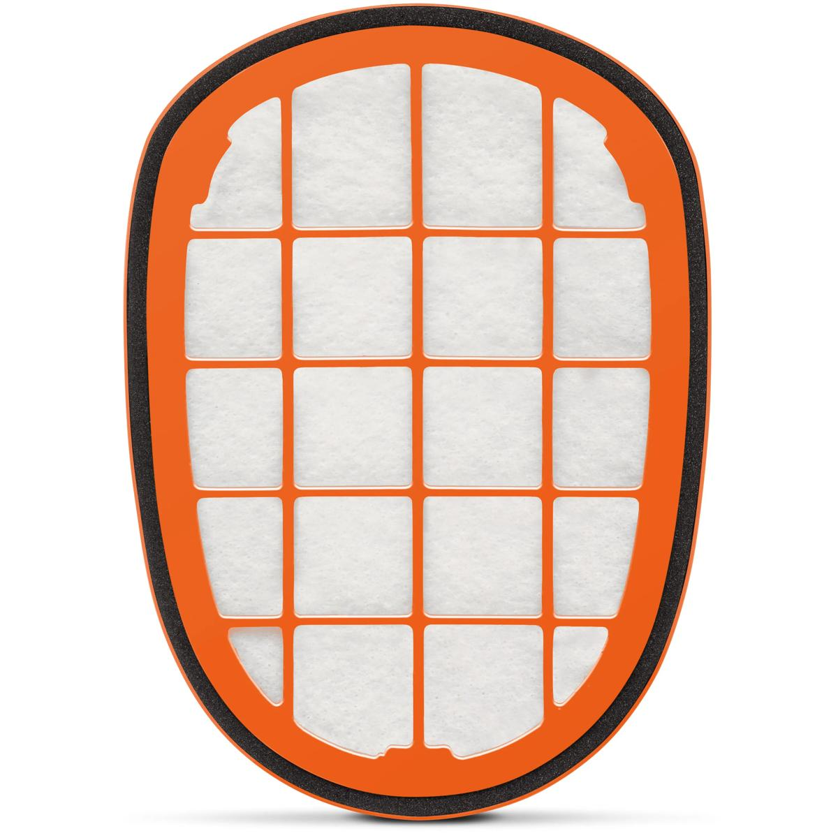 Een ovaal oranje filter met een zwarte rand en een witte roosterinzet.