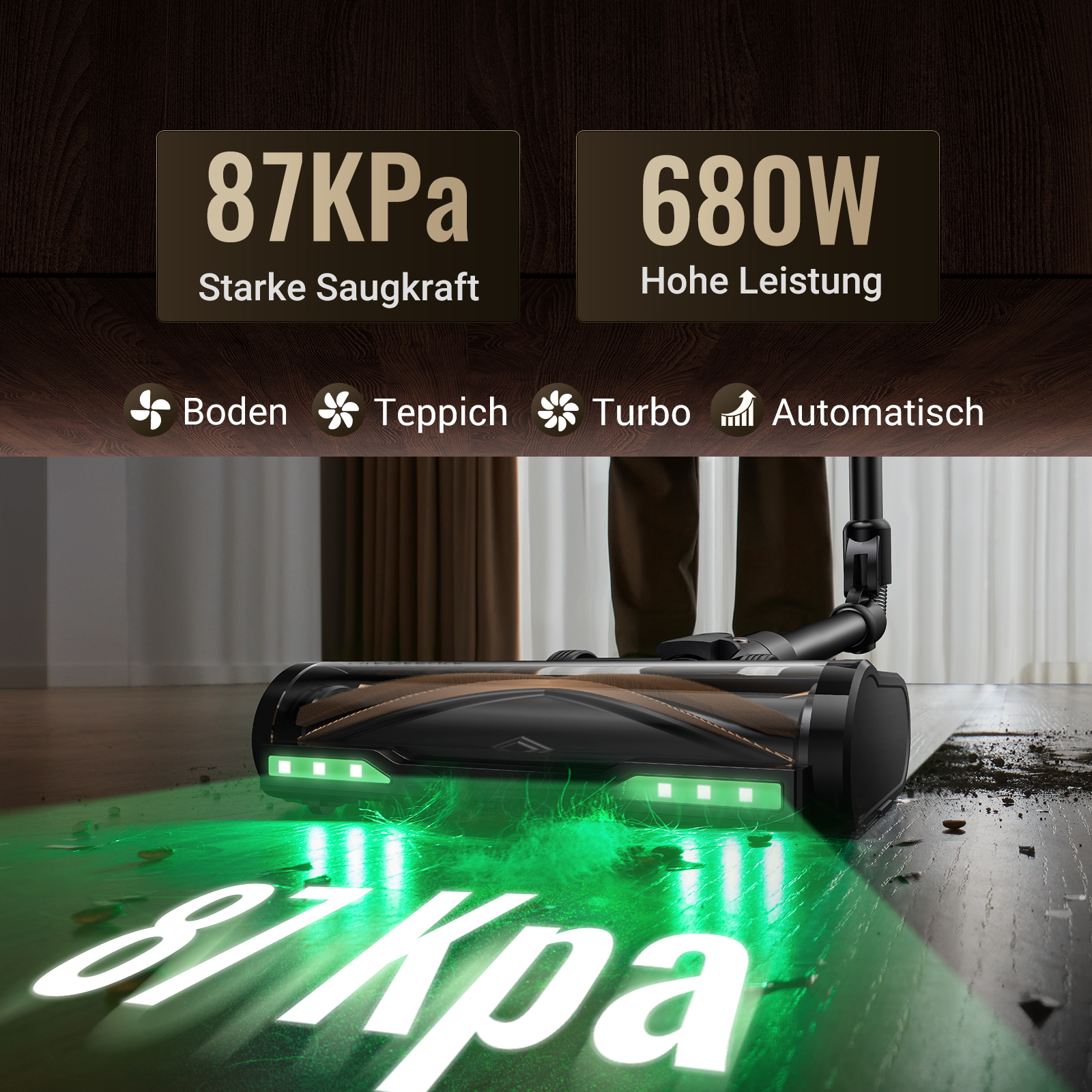 Staubsauger mit 87KPa Saugkraft und 680W Leistung auf Holzboden.